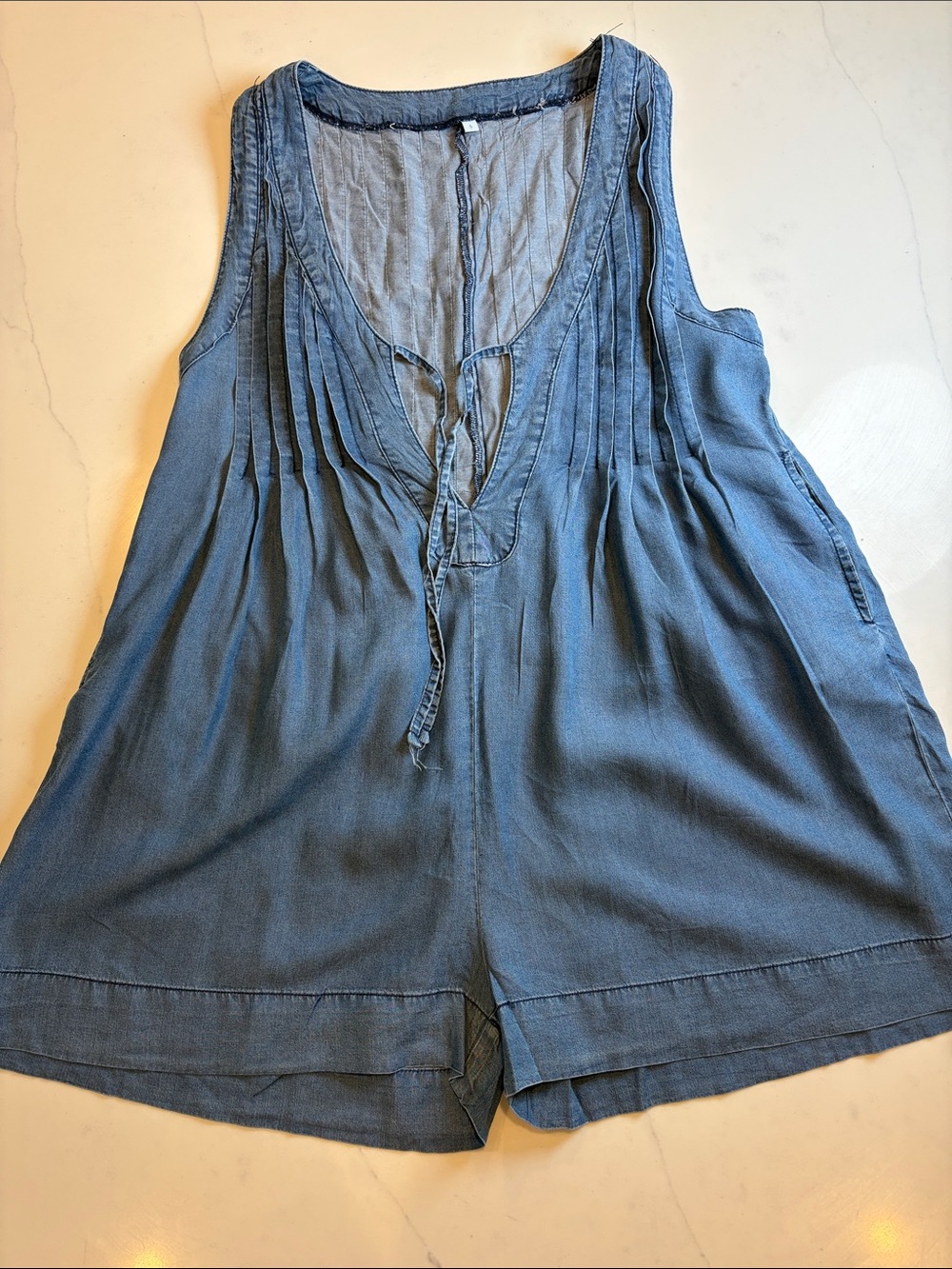 Blue Sleeveless V-Neck Romper with Front Tie